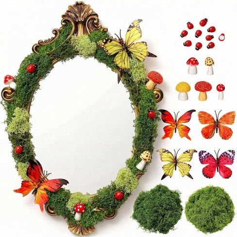 22 Pcs Cottage Core Decor Mirror DIY Kit, Fairy Moss Mushroom Wall Mirror with Butterfly Ladybird for Forest Fairy Core Farmhouse Home Garden Decoration in Kuwait