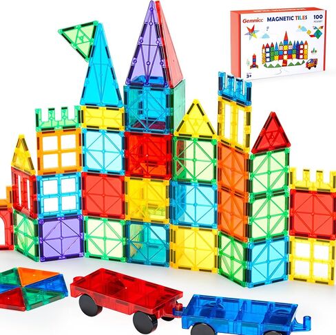 Gemmicc Magnetic Tiles 100 PCS with 2 Cars, STEM Approved Educational Magnet BuildingToys, Magnet Puzzles Stacking Blocks for Boys Girls in Kuwait