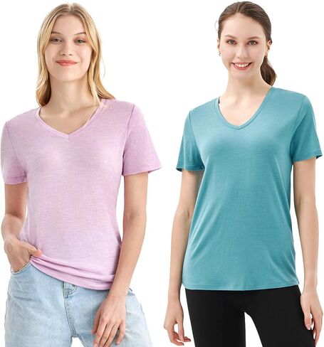 Merino Protect 100% Merino Wool V Neck T-Shirt Women Short Sleeve Shirts Odor Resistance Tops for Outdoor Hiking 2Pack in Kuwait