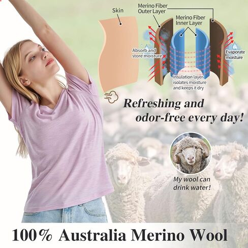 Merino Protect 100% Merino Wool V Neck T-Shirt Women Short Sleeve Shirts Odor Resistance Tops for Outdoor Hiking 2Pack in Kuwait