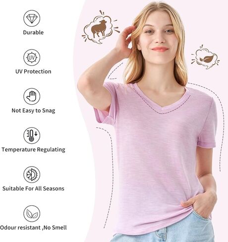 Merino Protect 100% Merino Wool V Neck T-Shirt Women Short Sleeve Shirts Odor Resistance Tops for Outdoor Hiking 2Pack in Kuwait