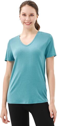 Merino Protect 100% Merino Wool V Neck T-Shirt Women Short Sleeve Shirts Odor Resistance Tops for Outdoor Hiking 2Pack in Kuwait