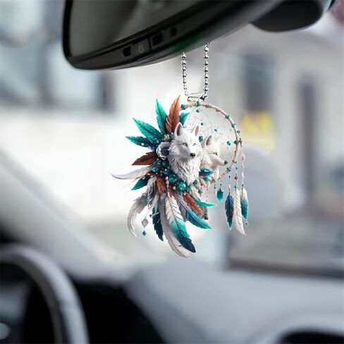 Bohemian White Wolf Dreamcatcher Acrylic Hanging Ornament with Beaded Chain - Car Mirror Decor, Keychain, for Christmas, Birthday, Graduation, Artistic Accessory in Saudi Arabia