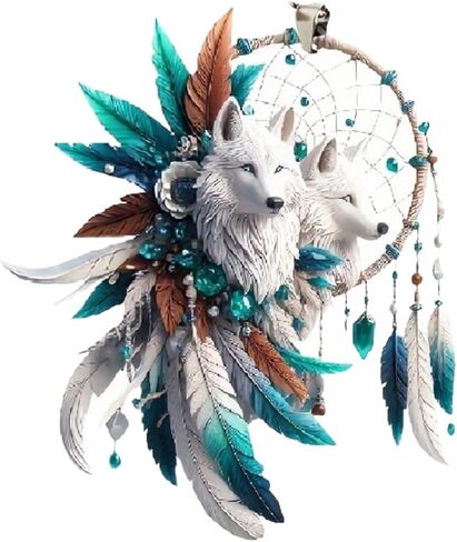 Bohemian White Wolf Dreamcatcher Acrylic Hanging Ornament with Beaded Chain - Car Mirror Decor, Keychain, for Christmas, Birthday, Graduation, Artistic Accessory in Saudi Arabia
