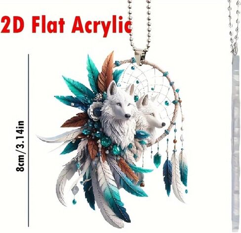 Bohemian White Wolf Dreamcatcher Acrylic Hanging Ornament with Beaded Chain - Car Mirror Decor, Keychain, for Christmas, Birthday, Graduation, Artistic Accessory in Saudi Arabia