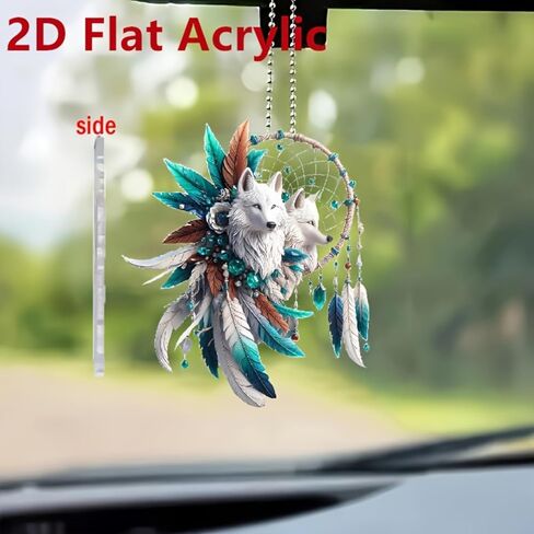 Bohemian White Wolf Dreamcatcher Acrylic Hanging Ornament with Beaded Chain - Car Mirror Decor, Keychain, for Christmas, Birthday, Graduation, Artistic Accessory in Saudi Arabia