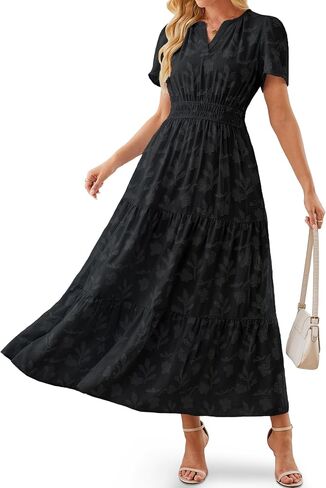 Women's Maxi Dresses Boho Burnout V Neck Short Puff Sleeve Smocked Empire Waist Long Wedding Guest Semi Formal Dress Pockets in Saudi Arabia