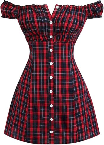 Floerns Women's Y2k Plaid Mini Dress Off Shoulder Puff Sleeve Button Down Bodycon Dresses in Saudi Arabia