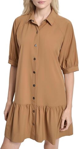DKNY Women's Elbow Sleeve Collared Neck Ruffle Hem Button Front Mini Dress in Saudi Arabia