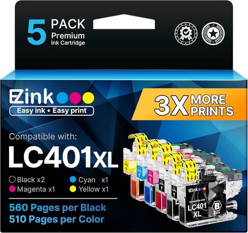 E-Z Ink LC401XL LC401 MFC-J1010DW Ink Cartridges Compatible Replacement for Brother LC401 XL 401XL to use with Brother MFC-J1010DW MFC-J1170DW MFC-J1012DW DCP-J1800DW Printers (5-Pack, 2BK/C/M/Y) in Kuwait