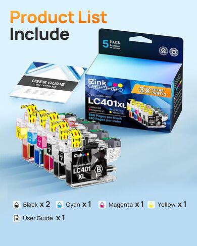 E-Z Ink LC401XL LC401 MFC-J1010DW Ink Cartridges Compatible Replacement for Brother LC401 XL 401XL to use with Brother MFC-J1010DW MFC-J1170DW MFC-J1012DW DCP-J1800DW Printers (5-Pack, 2BK/C/M/Y) in Kuwait