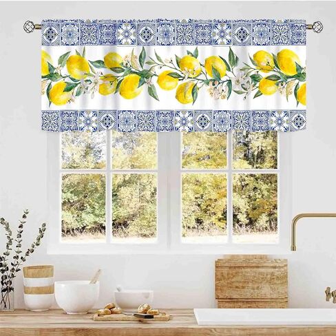 Yellow and Blue Lemon Kitchen Valance, Farmhouse Vintage Retro Summer Fruits Italy Tile Rod Pocket Small Window Valance Curtains for Cafe Living Room Bedroom Cabinet Bathroom, 54"x18" Inch in Saudi Arabia