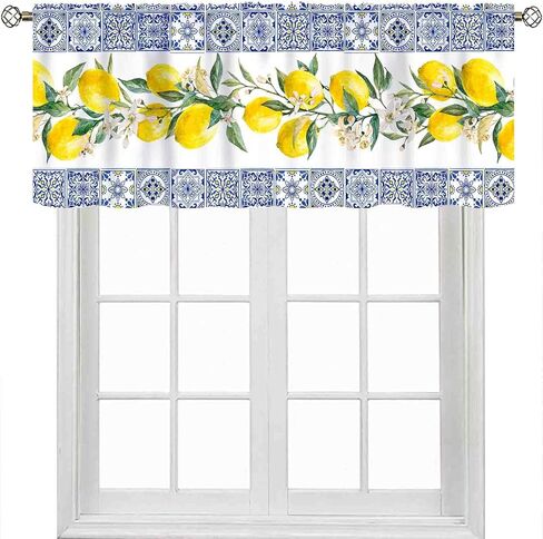 Yellow and Blue Lemon Kitchen Valance, Farmhouse Vintage Retro Summer Fruits Italy Tile Rod Pocket Small Window Valance Curtains for Cafe Living Room Bedroom Cabinet Bathroom, 54"x18" Inch in Saudi Arabia