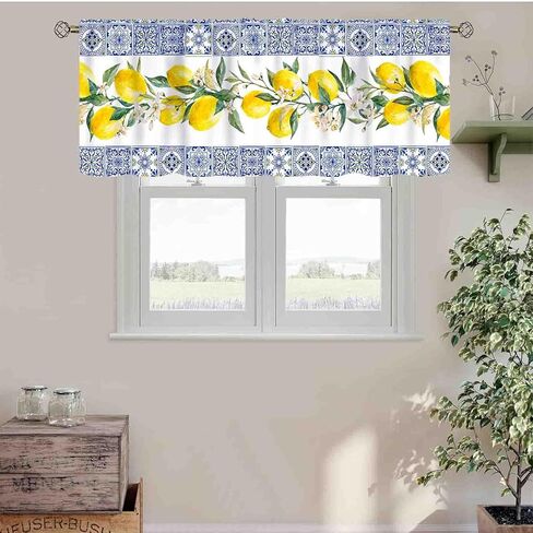 Yellow and Blue Lemon Kitchen Valance, Farmhouse Vintage Retro Summer Fruits Italy Tile Rod Pocket Small Window Valance Curtains for Cafe Living Room Bedroom Cabinet Bathroom, 54"x18" Inch in Saudi Arabia