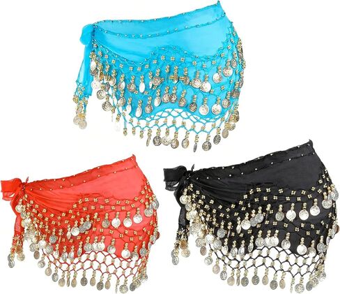 3 PCS Belly Dancing Hip Scarf, Belly Dancer Belt Scarf Skirt Scarve with 128 Gold Coins for Women in Kuwait