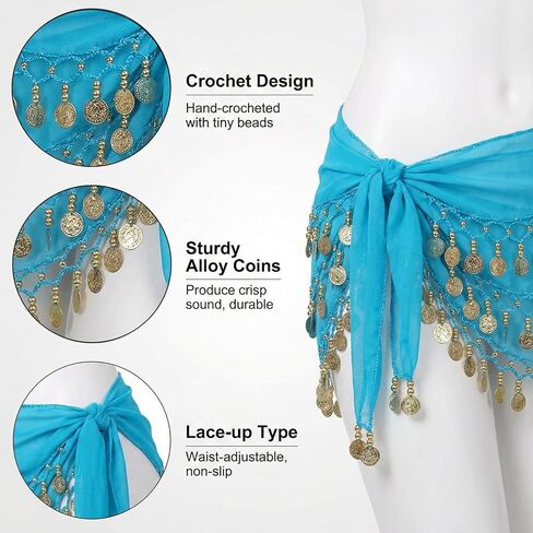 3 PCS Belly Dancing Hip Scarf, Belly Dancer Belt Scarf Skirt Scarve with 128 Gold Coins for Women in Kuwait
