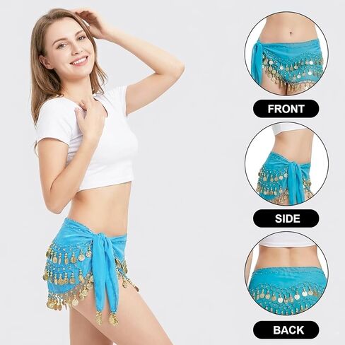 3 PCS Belly Dancing Hip Scarf, Belly Dancer Belt Scarf Skirt Scarve with 128 Gold Coins for Women in Kuwait