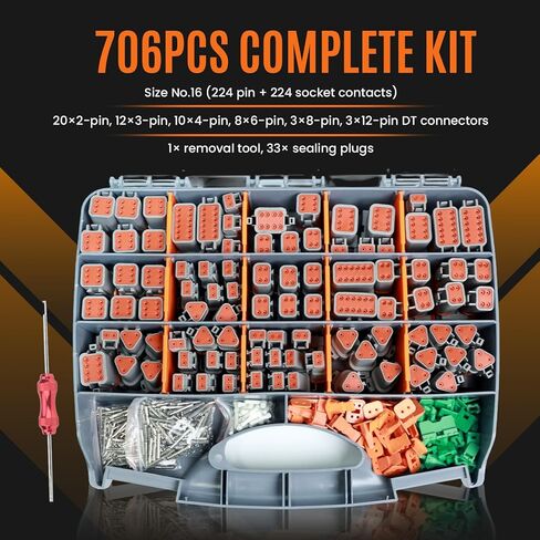 طقم دبابيس موصل ألماني 706 قطعة - سلسلة DT، مع مقاس 16 وصلات صلبة 14-20AWG موصلات مقاومة للماء والغبار مع أداة تفكيك، قابس طرفي للسيارات لإصلاحات العقص الكهربائية in Kuwait