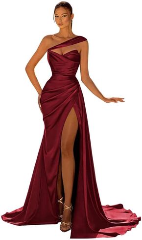 GUKARLEED Women's One Shoulder Prom Dresses Wrap Pleated Satin High Slit Formal Dress Long Wedding Guest Dress with Trains in Kuwait