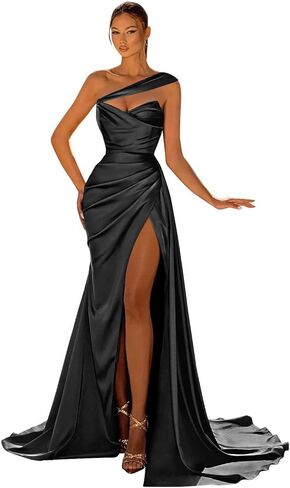 GUKARLEED Women's One Shoulder Prom Dresses Wrap Pleated Satin High Slit Formal Dress Long Wedding Guest Dress with Trains in Saudi Arabia
