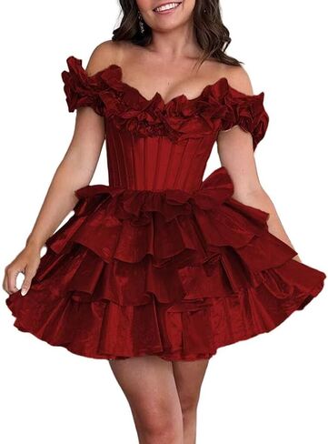 Off Shoulder Layered Homecoming Dresses 2025 Tiered Satin A Line Cocktail Party Dresses LU65 in Saudi Arabia