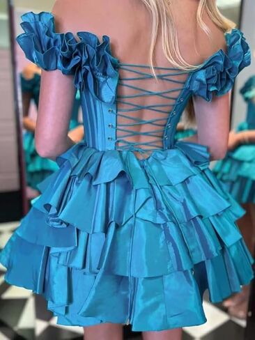Off Shoulder Layered Homecoming Dresses 2025 Tiered Satin A Line Cocktail Party Dresses LU65 in Saudi Arabia