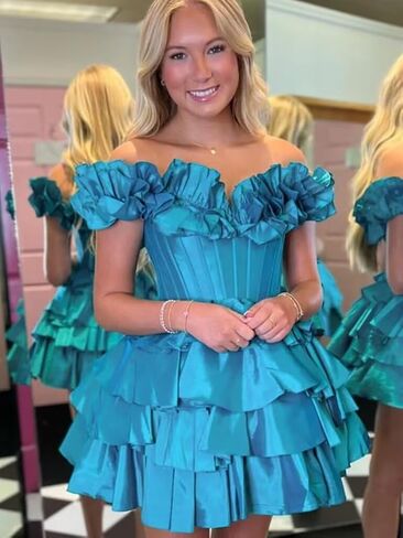 Off Shoulder Layered Homecoming Dresses 2025 Tiered Satin A Line Cocktail Party Dresses LU65 in Saudi Arabia