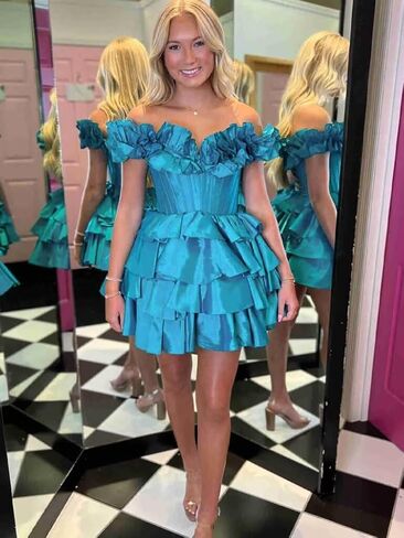 Off Shoulder Layered Homecoming Dresses 2025 Tiered Satin A Line Cocktail Party Dresses LU65 in Saudi Arabia