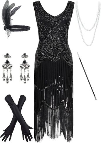 Women's Vintage 1920s Sequin Beaded Tassels Hem Flapper Dress w/Accessories Set (2X-Large, Style03-Black&Silver) in Kuwait