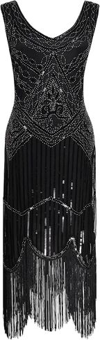 Women's Vintage 1920s Sequin Beaded Tassels Hem Flapper Dress w/Accessories Set (2X-Large, Style03-Black&Silver) in Kuwait