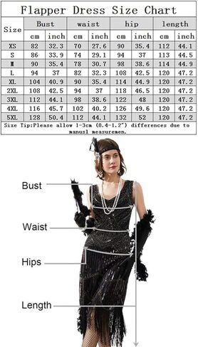 Women's Vintage 1920s Sequin Beaded Tassels Hem Flapper Dress w/Accessories Set (2X-Large, Style03-Black&Silver) in Kuwait