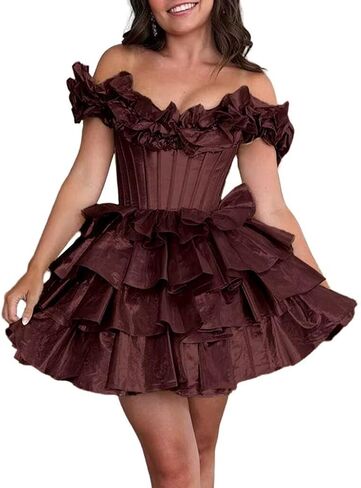 Off Shoulder Layered Homecoming Dresses 2025 Tiered Satin A Line Cocktail Party Dresses LU65 in Kuwait