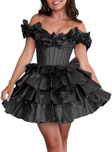 Off Shoulder Layered Homecoming Dresses 2025 Tiered Satin A Line Cocktail Party Dresses LU65 in Saudi Arabia