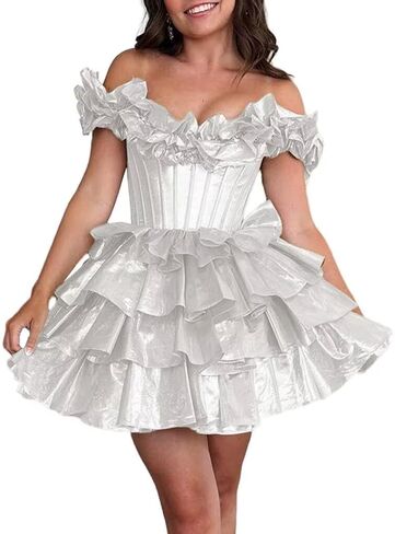 Off Shoulder Layered Homecoming Dresses 2025 Tiered Satin A Line Cocktail Party Dresses LU65 in Saudi Arabia