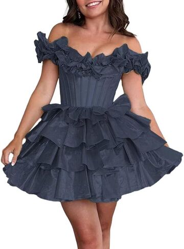 Off Shoulder Layered Homecoming Dresses 2025 Tiered Satin A Line Cocktail Party Dresses LU65 in Saudi Arabia