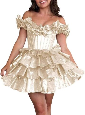 Off Shoulder Layered Homecoming Dresses 2025 Tiered Satin A Line Cocktail Party Dresses LU65 in Saudi Arabia