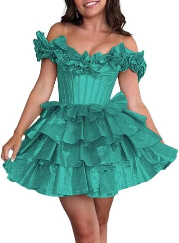 Off Shoulder Layered Homecoming Dresses 2025 Tiered Satin A Line Cocktail Party Dresses LU65 in Saudi Arabia
