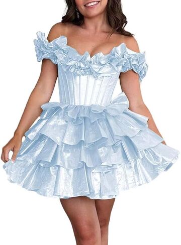 Off Shoulder Layered Homecoming Dresses 2025 Tiered Satin A Line Cocktail Party Dresses LU65 in Saudi Arabia