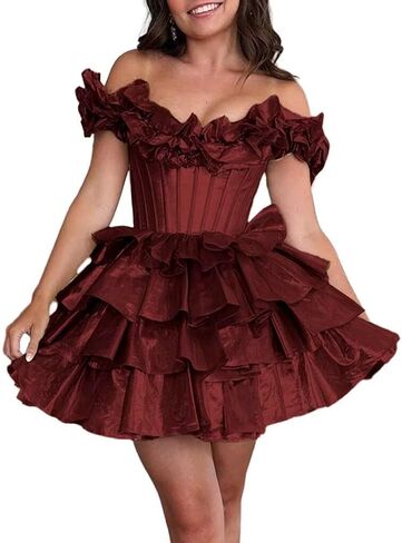 Off Shoulder Layered Homecoming Dresses 2025 Tiered Satin A Line Cocktail Party Dresses LU65 in Saudi Arabia