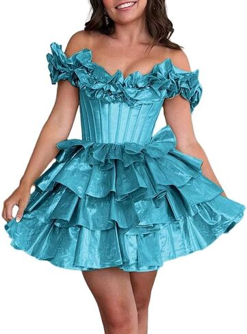 Off Shoulder Layered Homecoming Dresses 2025 Tiered Satin A Line Cocktail Party Dresses LU65 in Saudi Arabia