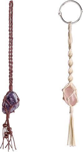 Dahey Macrame Crystal Car Charms مصنوع يدويًا من الكريستال للرؤية الخلفية مرآة السيارة زخرفة بوهو معلقة كريستال، حبل مشمع ملفوف بالكريستال معلق لديكور منزل السيارة، مجموعة من لونين in Saudi Arabia