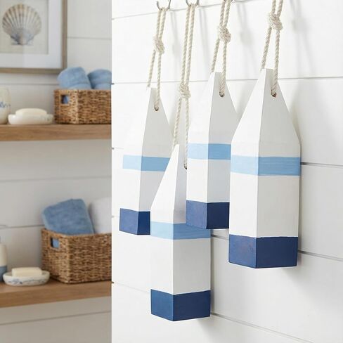 DECHOUS 4Pcs Wooden Buoy Decor: Decorative Buoys with Rope Nautical Wall Hanging Decor - Blue White Mediterranean Ornament for Coastal Home Living Room Bathroom - 10 Inch in Saudi Arabia