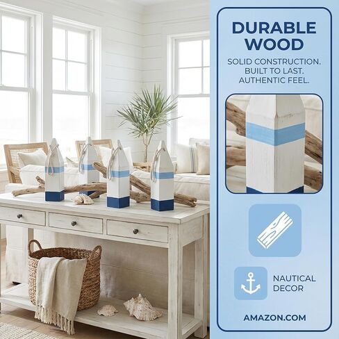 DECHOUS 4Pcs Wooden Buoy Decor: Decorative Buoys with Rope Nautical Wall Hanging Decor - Blue White Mediterranean Ornament for Coastal Home Living Room Bathroom - 10 Inch in Saudi Arabia