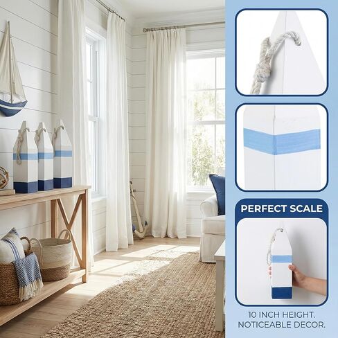 DECHOUS 4Pcs Wooden Buoy Decor: Decorative Buoys with Rope Nautical Wall Hanging Decor - Blue White Mediterranean Ornament for Coastal Home Living Room Bathroom - 10 Inch in Saudi Arabia