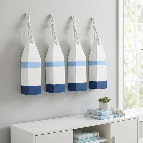DECHOUS 4Pcs Wooden Buoy Decor: Decorative Buoys with Rope Nautical Wall Hanging Decor - Blue White Mediterranean Ornament for Coastal Home Living Room Bathroom - 10 Inch in Saudi Arabia