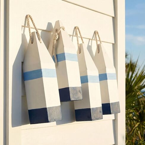 DECHOUS 4Pcs Wooden Buoy Decor: Decorative Buoys with Rope Nautical Wall Hanging Decor - Blue White Mediterranean Ornament for Coastal Home Living Room Bathroom - 10 Inch in Saudi Arabia