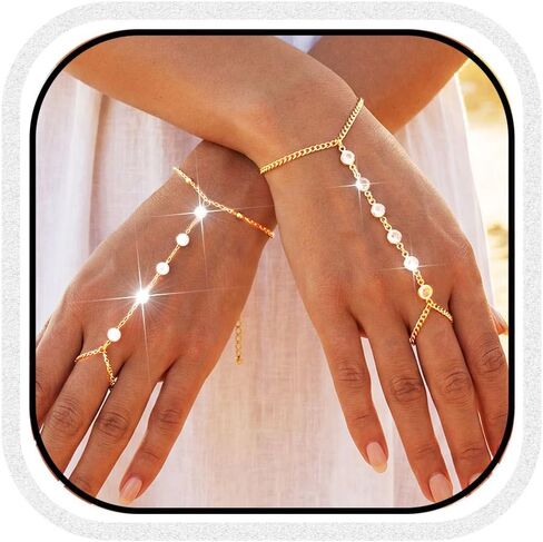 GORTIN Gold Hand Chain Bracelets Rhinestones Link Chain Bracelet Pearl Trendy Hand Chain Jewelry Set for Women Pack of 2 in Saudi Arabia