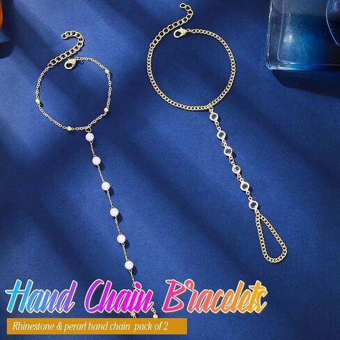 GORTIN Gold Hand Chain Bracelets Rhinestones Link Chain Bracelet Pearl Trendy Hand Chain Jewelry Set for Women Pack of 2 in Saudi Arabia