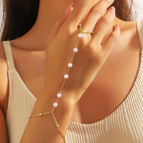 GORTIN Gold Hand Chain Bracelets Rhinestones Link Chain Bracelet Pearl Trendy Hand Chain Jewelry Set for Women Pack of 2 in Saudi Arabia