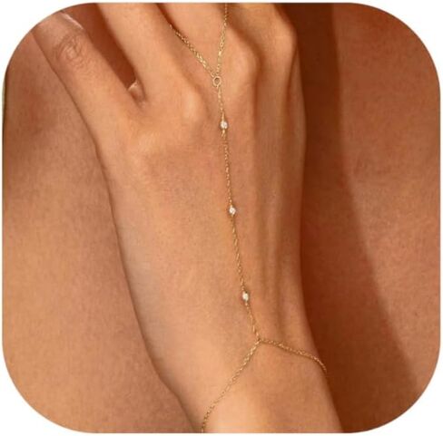 Gold Hand Chain Bracelet, 14k Gold Plated, Yellow Gold, Women, Dainty Ring Bracelet Cuff, Adult, Medium, 20 Grams, Gold Plated Silver, 2 Inches in Kuwait